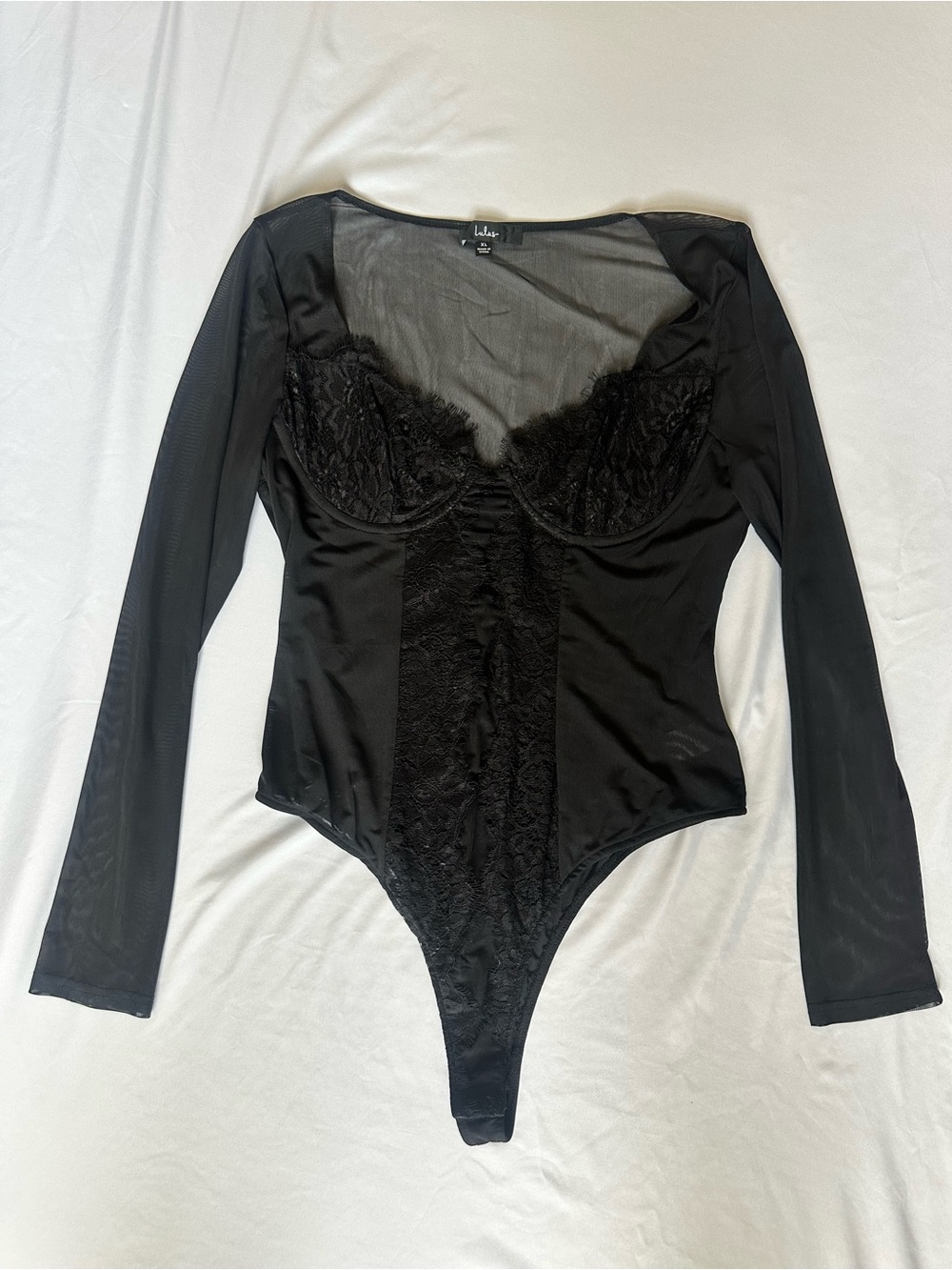 Lulu's Black Lace-Trim Long Sleeve Sheer-Panel Bodysuit